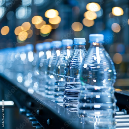 cristal water bottles on a conveyor belt in a food production line at a factory 