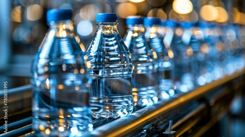 cristal water bottles on a conveyor belt in a food production line at a factory 