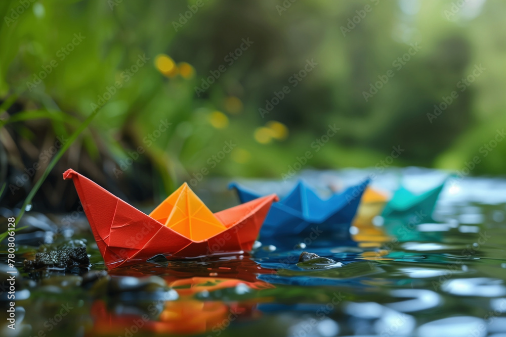 Paper boats float on water