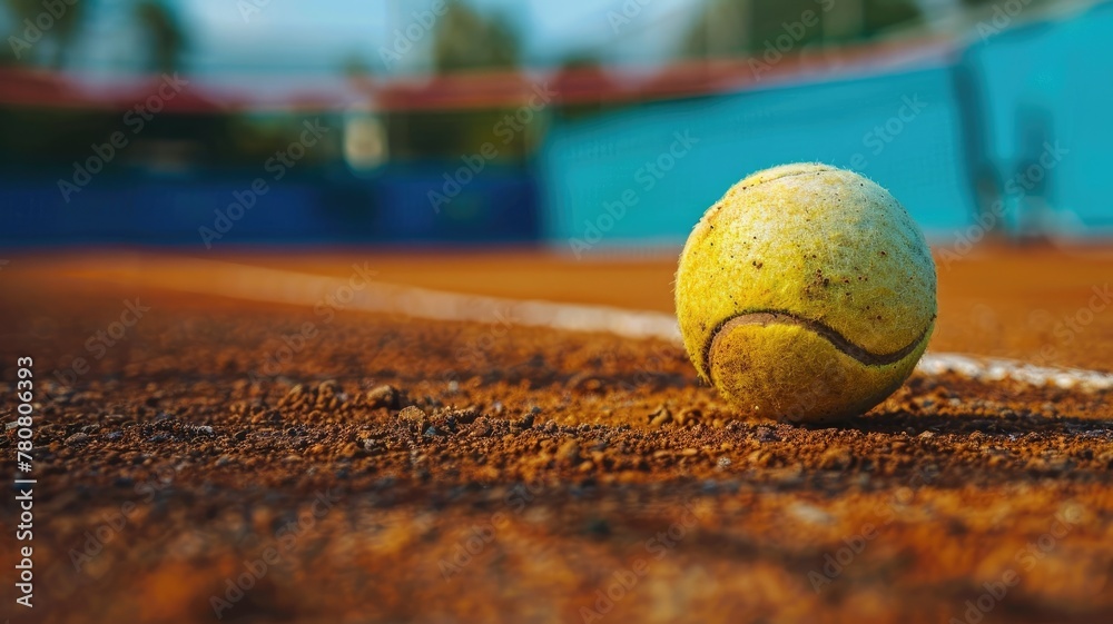 Tennis Ball on a Clay Court - Close-up of a tennis ball on the red clay surface of a court, with soft-focus background.