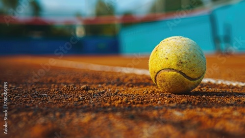 Tennis Ball on a Clay Court - Close-up of a tennis ball on the red clay surface of a court, with soft-focus background. © Mickey