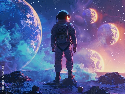a person in an astronaut suit looking at planets
