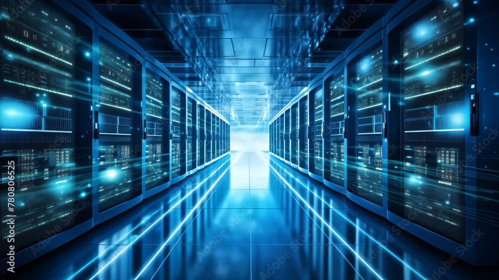Modern data center with server racks in a corridor perspective. Network and internet data storage concept with copy space for design and print.