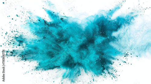 Blue powder explosion isolated on white. Abstract dust explosion on white background. freeze motion of green powder splash. For holidays and festivals. photo