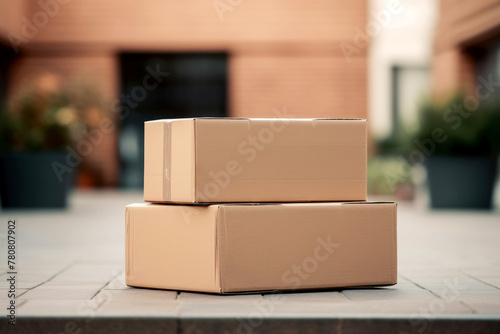 two stacked, sealed cardboard boxes in front of building, illustrating common scene of package delivery which is relevant in context of online shopping and delivery services photo