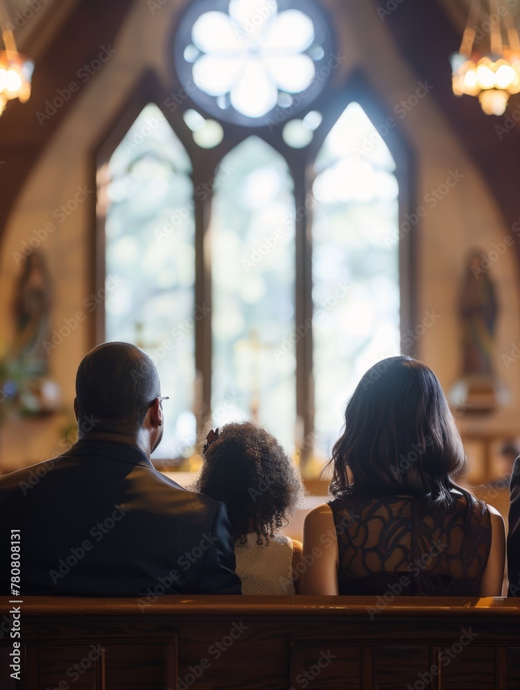 a family is captured from behind as they sit together in a church, attentively observing a worship service or special event
