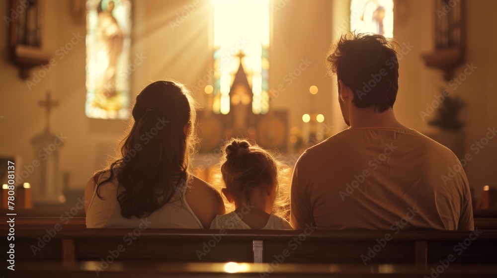 a family is captured from behind as they sit together in a church, attentively observing a worship service or special event

