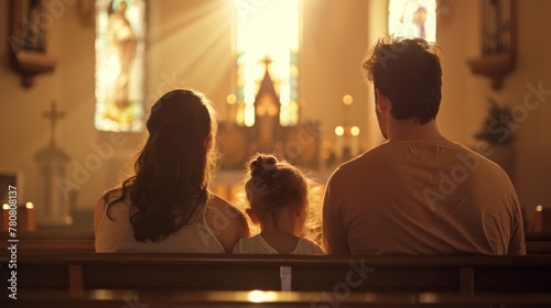 a family is captured from behind as they sit together in a church, attentively observing a worship service or special event  © cff999