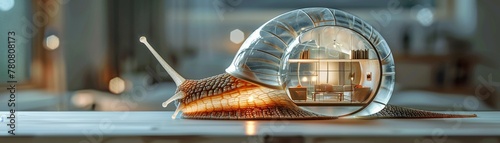 Surreal depiction of a seethrough snail whose body houses an intricate layout of a homes interior, captured through the lens of documentary and magazine photography, Realistic photo