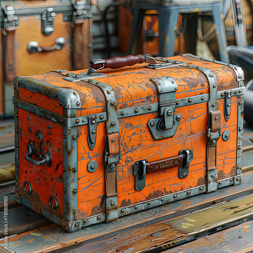 An old, rusty, wooden trunk with a brown handle sits on a wooden table. The trunk is orange and has a vintage look to it