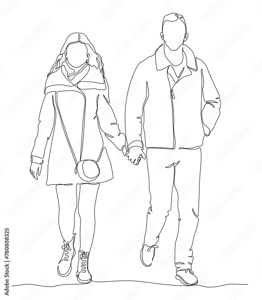 Couple walking and holding hands. Wear warm clothes. Continuous line drawing. Black and white vector illustration in line art style. Couple walking and holding hands. Wear warm clothes. Continuous line drawing. Black and white vector illustration in line art style.