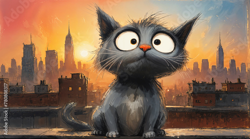 Sketch of a scruffy grey stray cat with big eyes and a cute red nose sits on a rooftop balcony at sunset with a gorgeous view over buildings skyline reminiscent of Manhattan in New York city. 