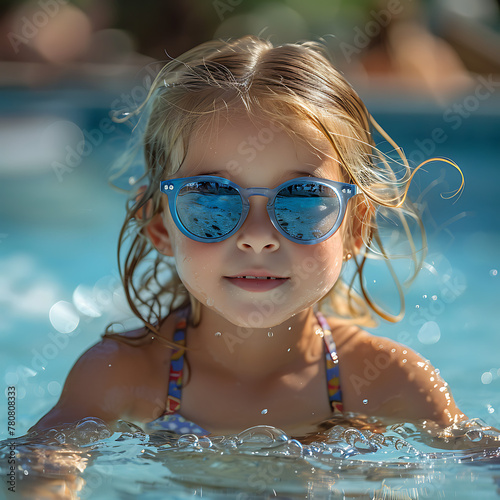 Una niña con gafas de sol azules en la piscina verano  photo