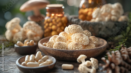 Mushroom supplement capsules and fresh mushrooms. Immune prevention care