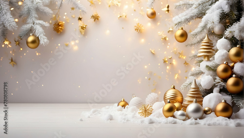 A festive Christmas composition with a snowy white tree adorned with golden baubles, sparkling lights, and soft snow at the base
