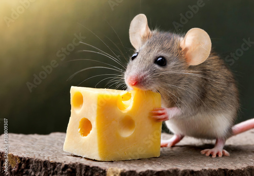 A mouse is holding a piece of cheese in its mouth