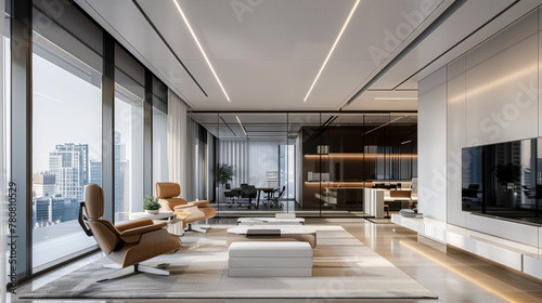 Office space design, modern minimalist style. Plenty of space and requires a high-end feel and wide viewing angles. Large areas of the ceiling and walls are white © Tatiana