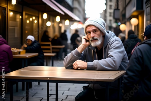 A man in a gray hat sits at a table with a bowl of food