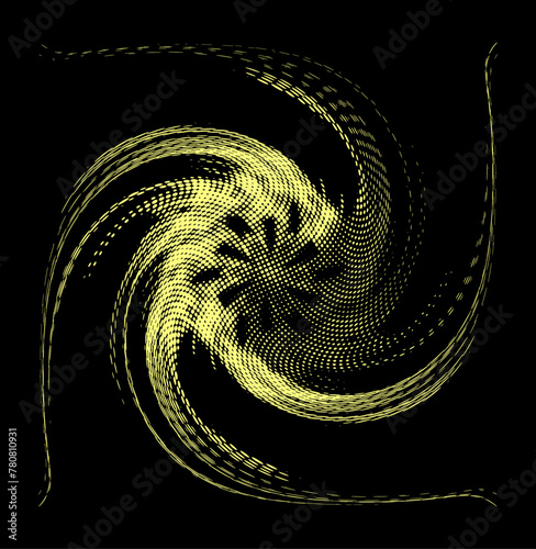 Golden halftone polka dot mandala with elongated and untwisted rays. Right sector is highlighted for text. Black background - as example. Flower in center. For logos, emblems, trademarks. Vector.