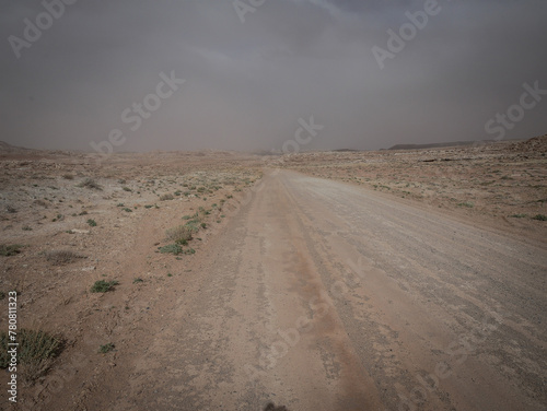 Dirt road through flat desert terrain in Green River Utah with stormy dusty skies