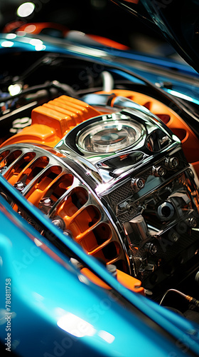 Studio lighting emphasizes the detailed, customized intake manifold of a high-performance vehicle