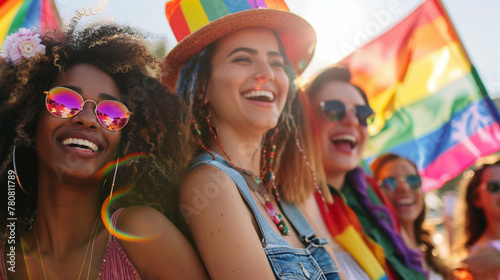 Diverse young group of friends with rainbow flags and banners during Gay Pride event, celebrating gay pride festival - LGBTQ community concept.