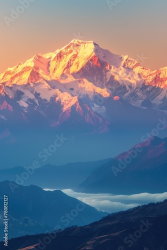 A snow-capped mountains, golden light shining, on top peak, sunrise, illustration Generative Ai,