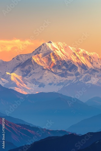 A snow-capped mountains, golden light shining, on top peak, sunrise, illustration Generative Ai,