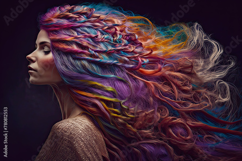 Woman with Long Rainbow Hair. Generative AI, non-existent person.