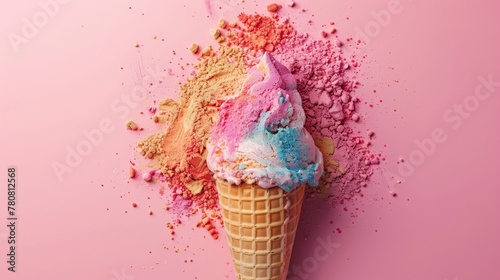 Explosion of Holi powder in ice cream cone against pink backdrop, symbolizing vibrant celebrations