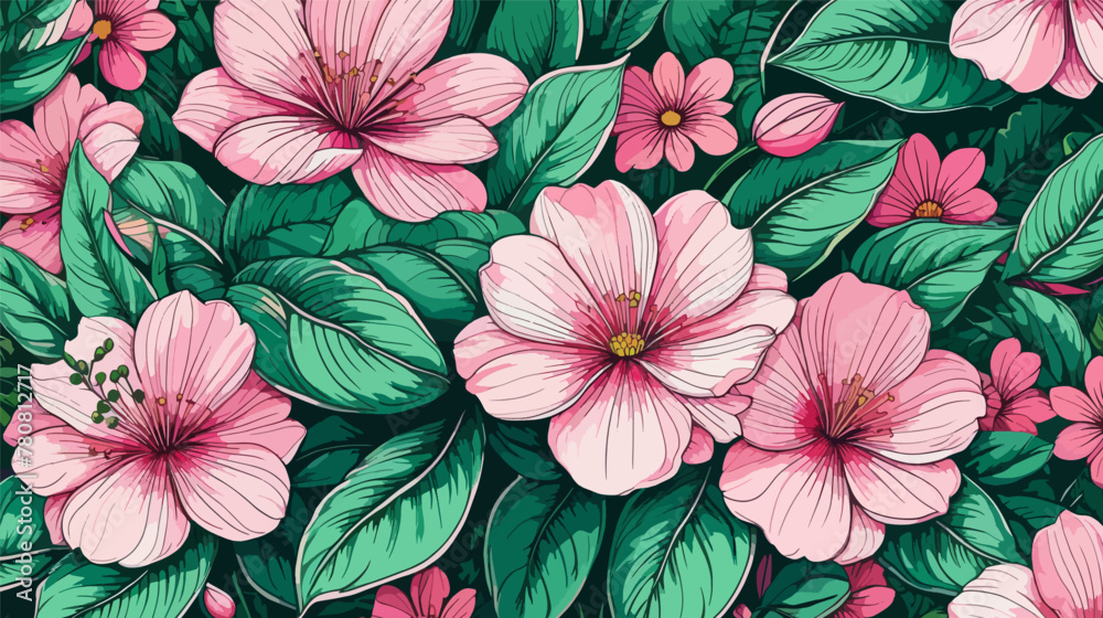 custom made wallpaper toronto digitalPink Flowers and Green Leaves Painting vector, illustration, 2d