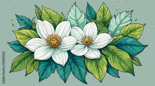 Three White Flowers With Green Leaves on a Blue Background vector, illustration, 2d