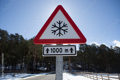 Snow road sign on a local mountain road