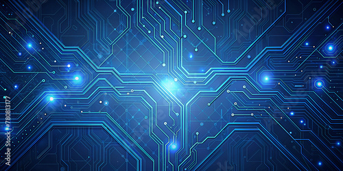 Futuristic Blue Background with Microchip Neural Connections and Computer Board Tracks