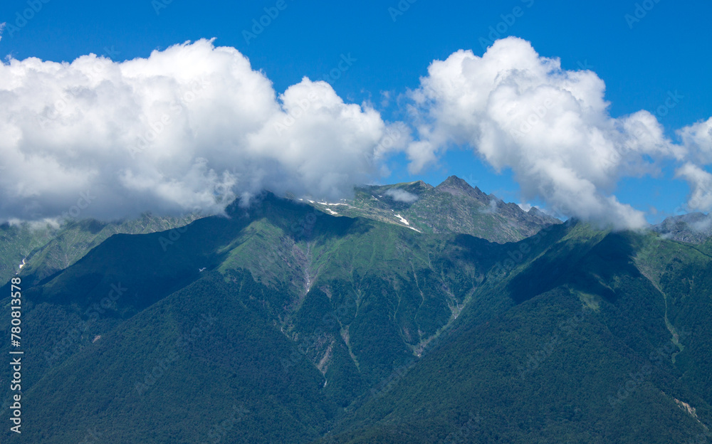 Beautiful panoramic landscape - the tops of green mountains among trees against a clear blue sky with white clouds on a sunny summer day in Krasnaya Polyana in Russia
