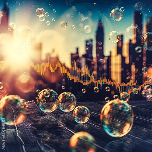 The bubbles in the image represent the stock market, with the bubbles rising and falling to represent the stock prices. The city in the background represents the economy photo