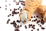 Delicious Chocolate Chip Marscapone Cheese Filled Cannoli Pastries Isolated on a White Background