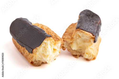 Delicious Cream Filled Chocolate Eclair Pastry Isolated on a White Background