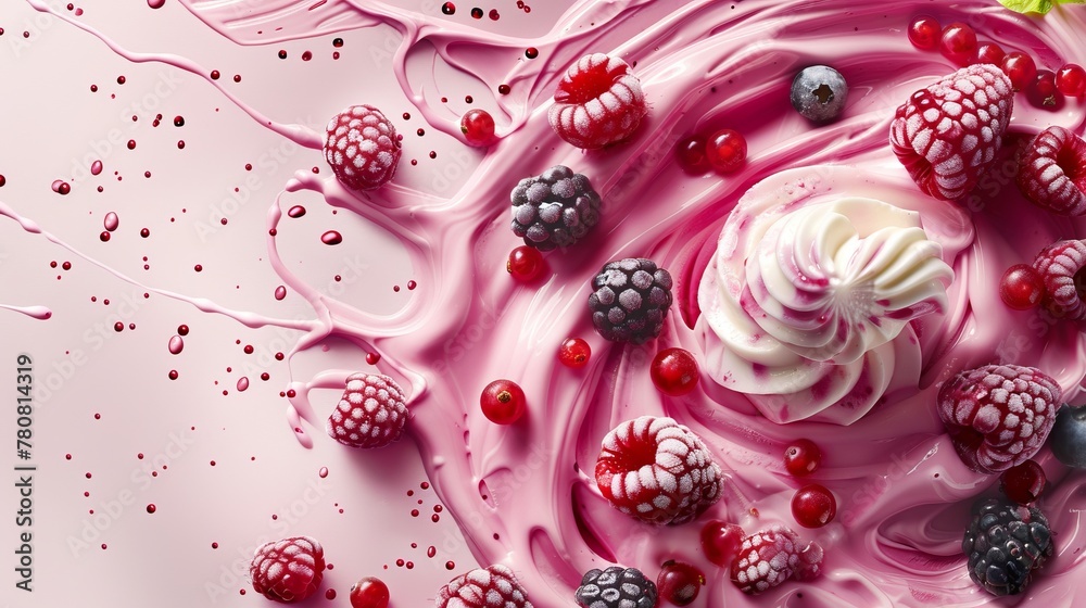Berry Ice cream with swirling cream,pink milk splash, surrounded by fresh berries.Ideal for vibrant dessert advertising or culinary art projects