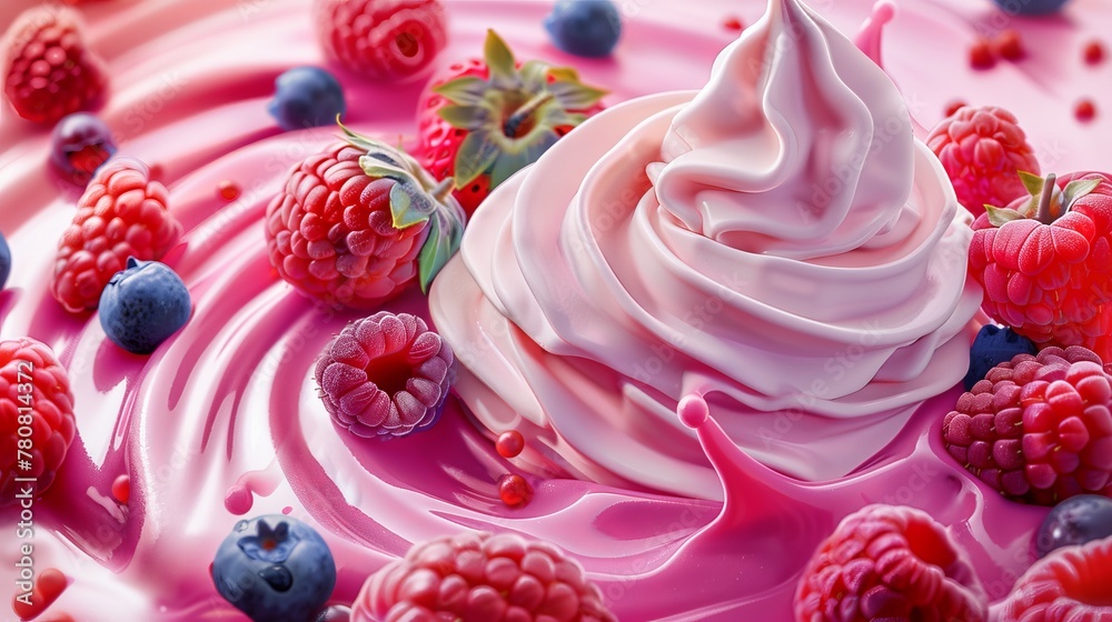 Berry Ice cream with swirling cream,pink milk splash, surrounded by fresh berries.Ideal for vibrant dessert advertising or culinary art projects Berry Ice cream with swirling cream,pink milk splash, surrounded by fresh berries.Ideal for vibrant dessert advertising or culinary art projects