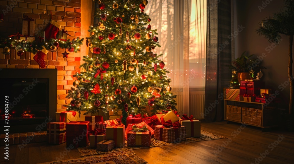 christmas tree with lights, presents, backlighting 