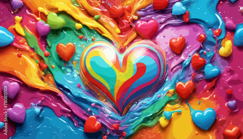 Ein großes Herz mit Farbverlauf. Viele, kleine bunte Herzen und dicke, vielfarbige, ineinanderfließende Farbe