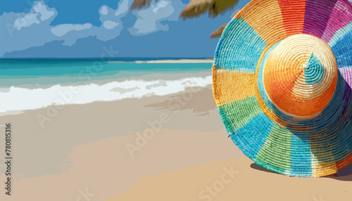Ein bunter Hut vor atemberaubender Kulisse mit türkisblauem Meer, Strand, Palmen, Wellen und blauem Himmel. Poster, Werbung, Reisebüro.
