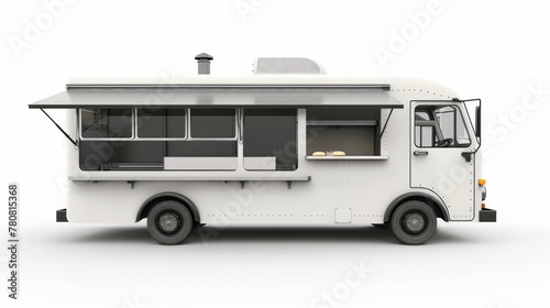 A realistically rendered white food truck, isolated on a white background