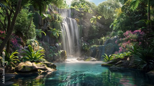 Secluded Waterfall Oasis in a Dense Tropical Forest. Tropical resort natural pool.