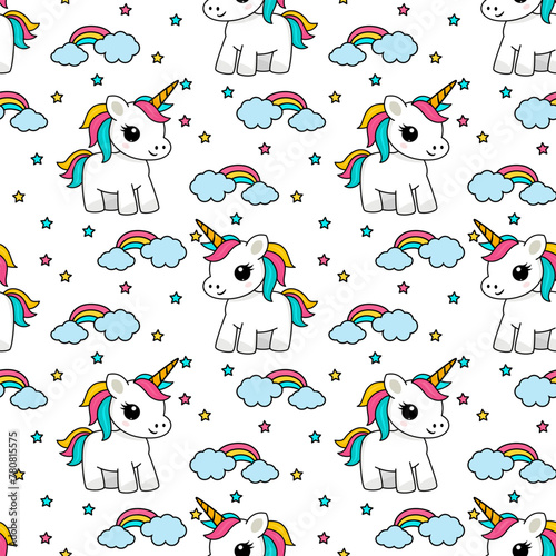 Cute cartoon character little unicorn. Seamless pattern for Baby Shower