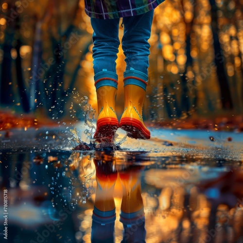 A child wearing vivid color rain boots jumping into puddles on the road, splashing water and creating ripples 
