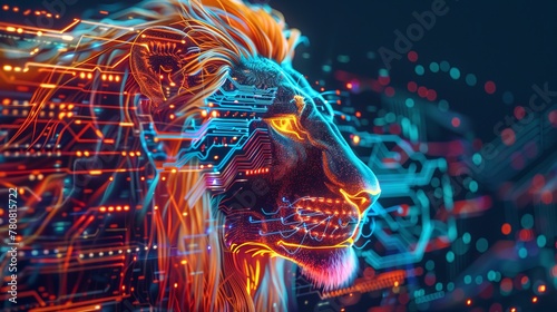 The shape of a lion head combines with a colourful electronic board, a powerful technology concept .