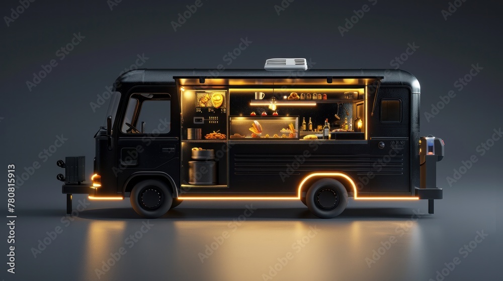 An intricately designed black food truck with a detailed interior