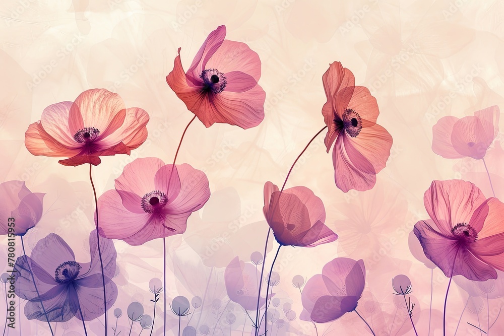 Ethereal Floral Background with Silhouetted Poppy Flowers in Pastel Tones Ethereal Floral Background with Silhouetted Poppy Flowers in Pastel Tones
